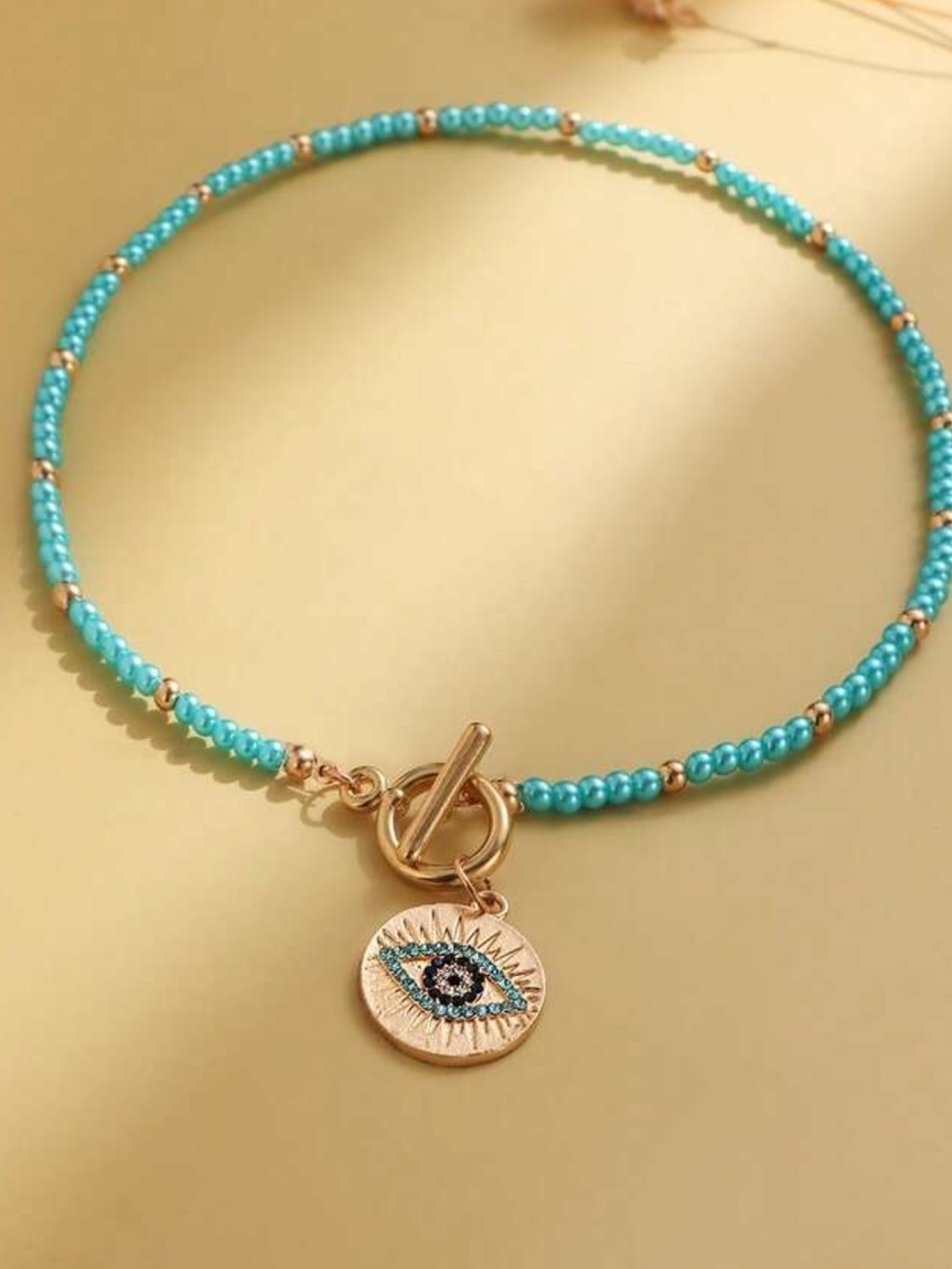 Gold Charm Turquoise Beaded Evil Eye Necklace- Women Jewelry